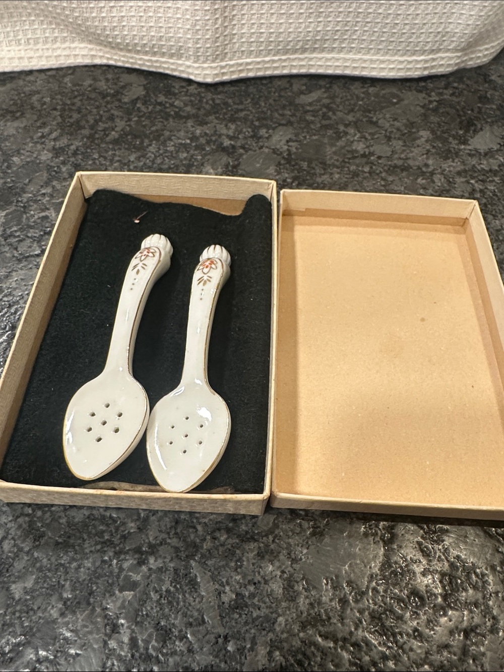 Vintage White Porcelain Salt Spoons with Gold Trim (Pair)